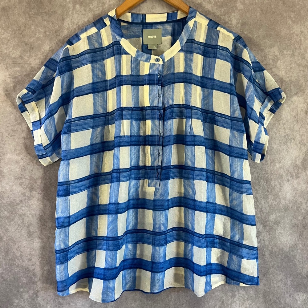 Maeve Silk Blouse Women Medium Blue White Plaid Short Sleeve Pleated Top Summer